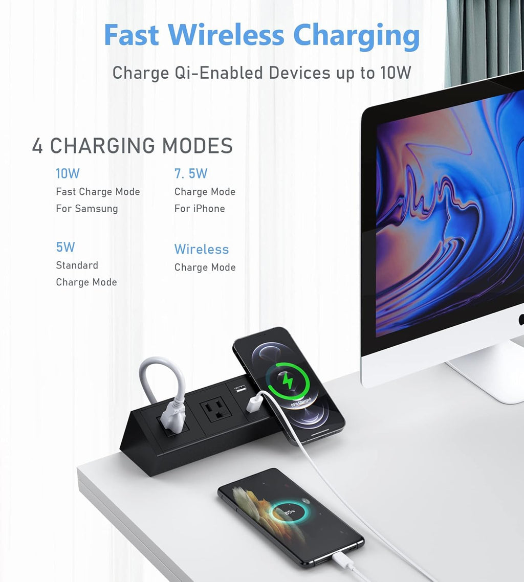 Desk Clamp Power Strip with Wireless Charger, 6ft Cable J76695