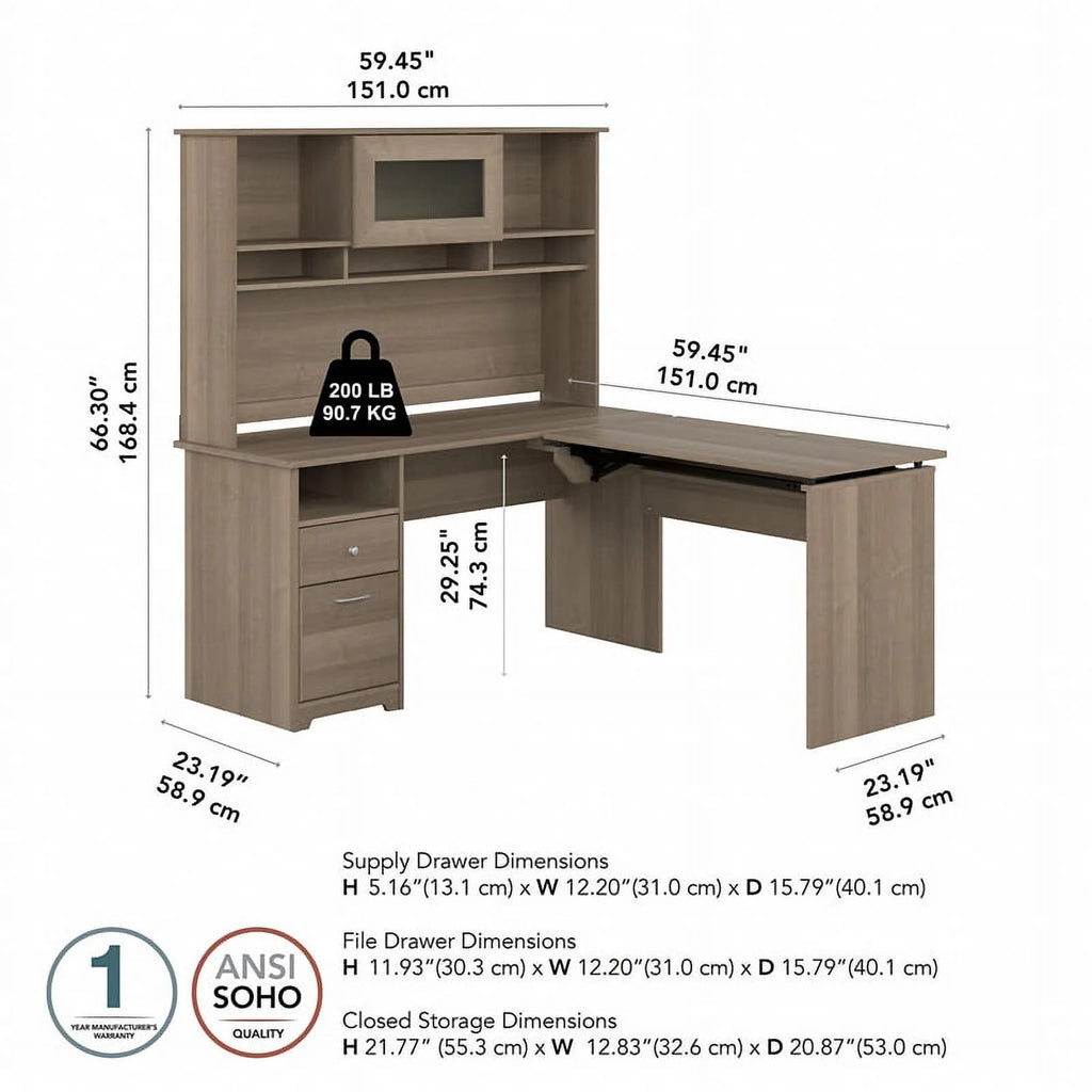 Ash Gray Engineered Wood Sit to Stand L Desk with Hutch O568