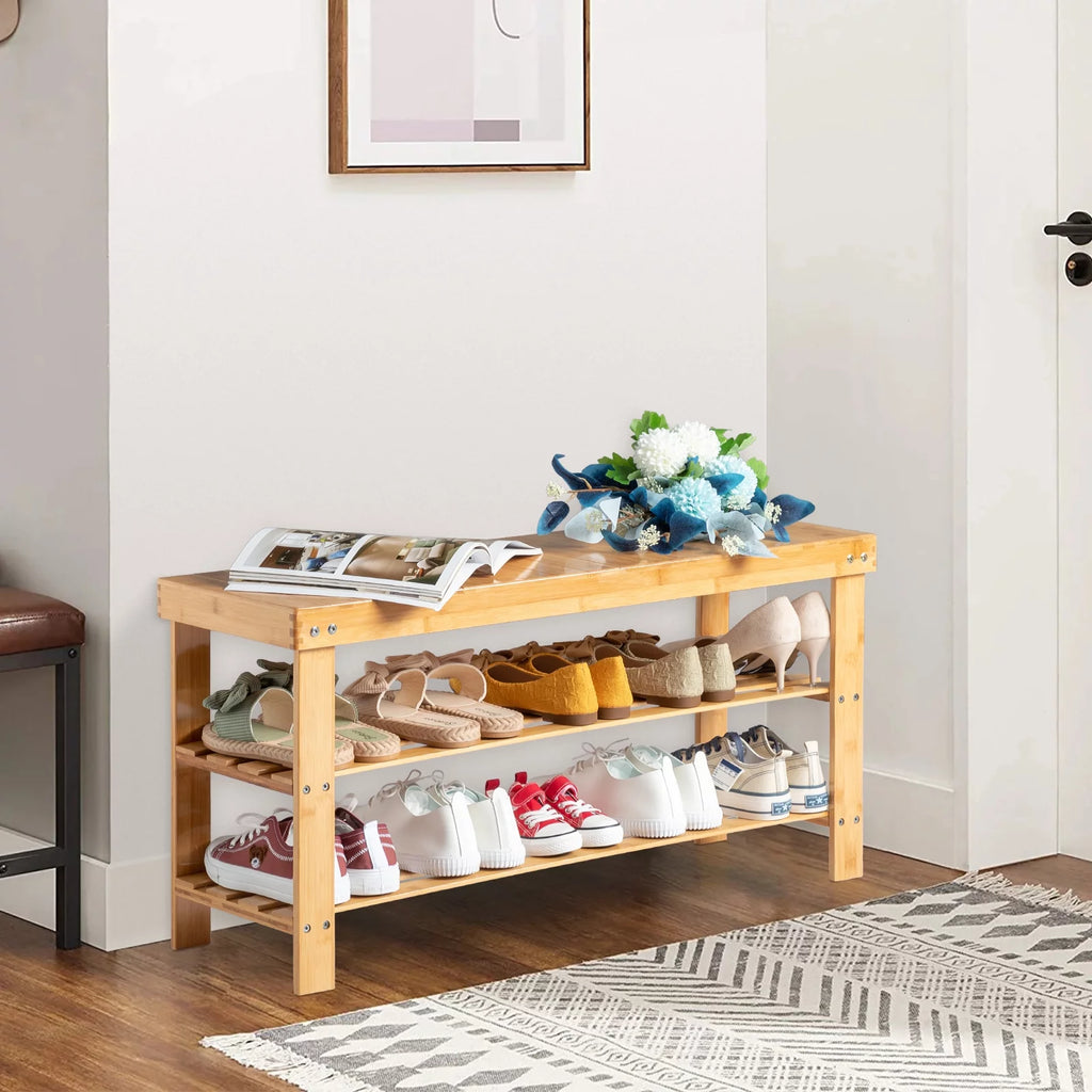Natural Bamboo Shoe Bench Shoe Rack Organizer E453