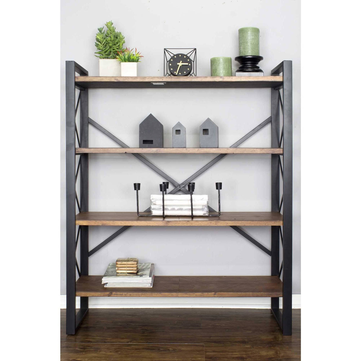 Natural Metal Wood MDF Bookcase with 4 Shelves Black K4810