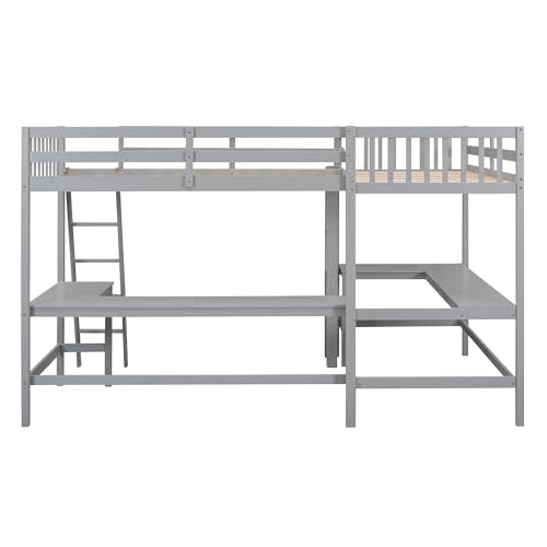 Grey Twin Size L-Shaped Loft Bed with Desk and Guardrails W700