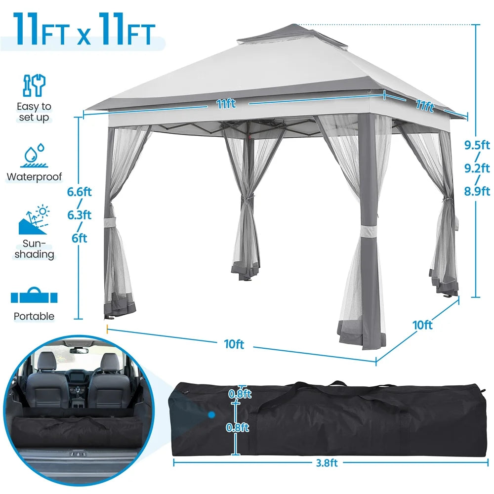 11x11 FT Pop-Up Gazebo with 4 Mesh Sidewalls, Light Gray P128910