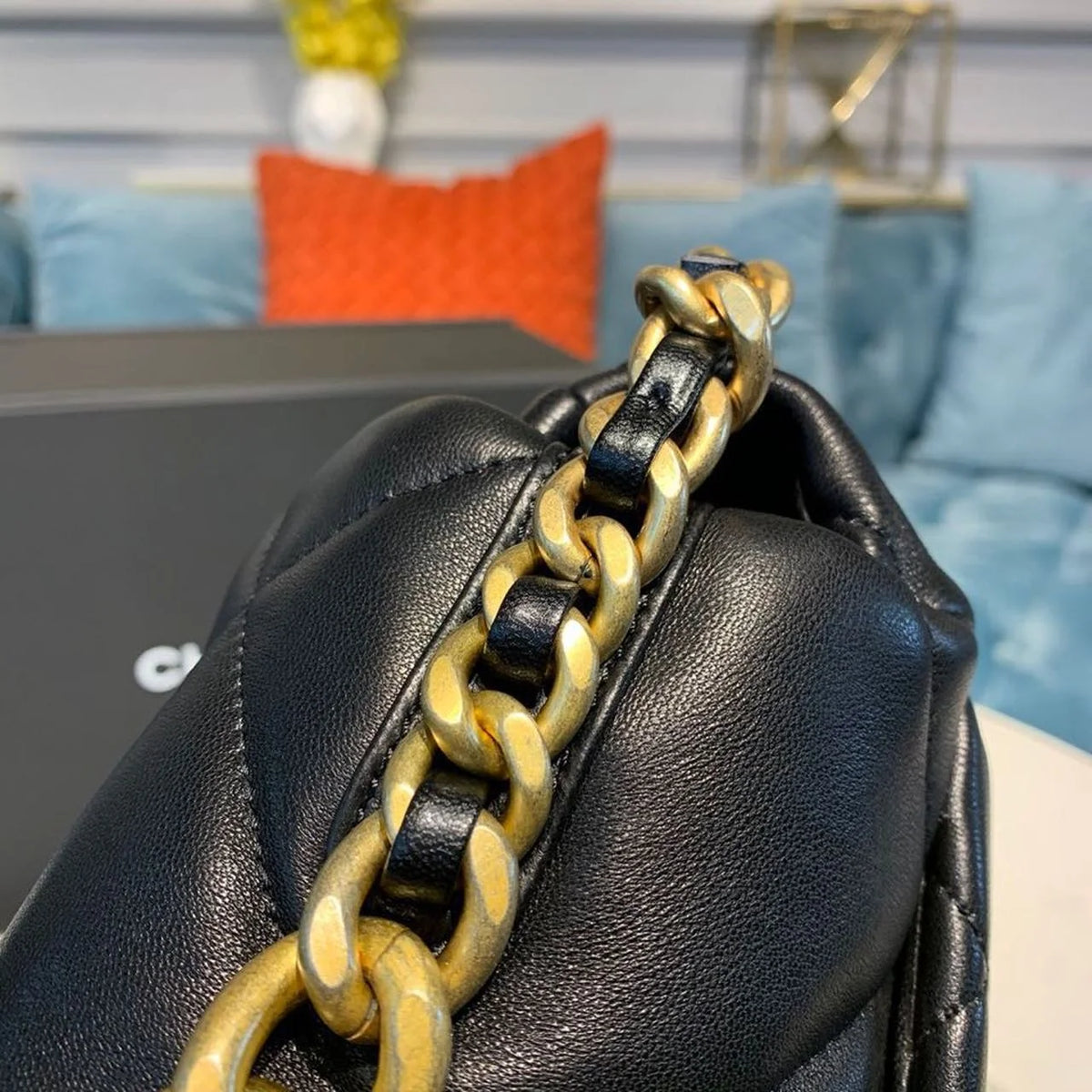 Black Goatskin Leather Flap Bag H414