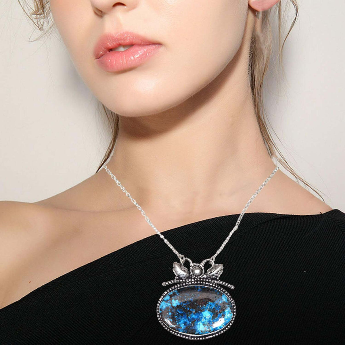 Azurite Silver Sterling Gemstone Beads 20" Chrysocolla Round Necklace W595454