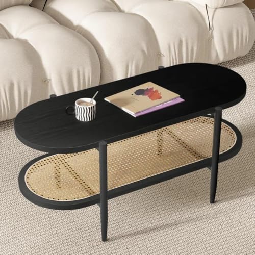 Black Set of 2 Round 2-Tier Side Table with Rattan Storage I90181