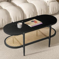 Black Set of 2 Round 2-Tier Side Table with Rattan Storage I90181