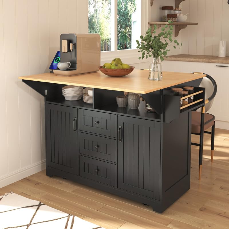 55.7'' Black Kitchen Island with Drop Leaf and 3 Drawers P9901