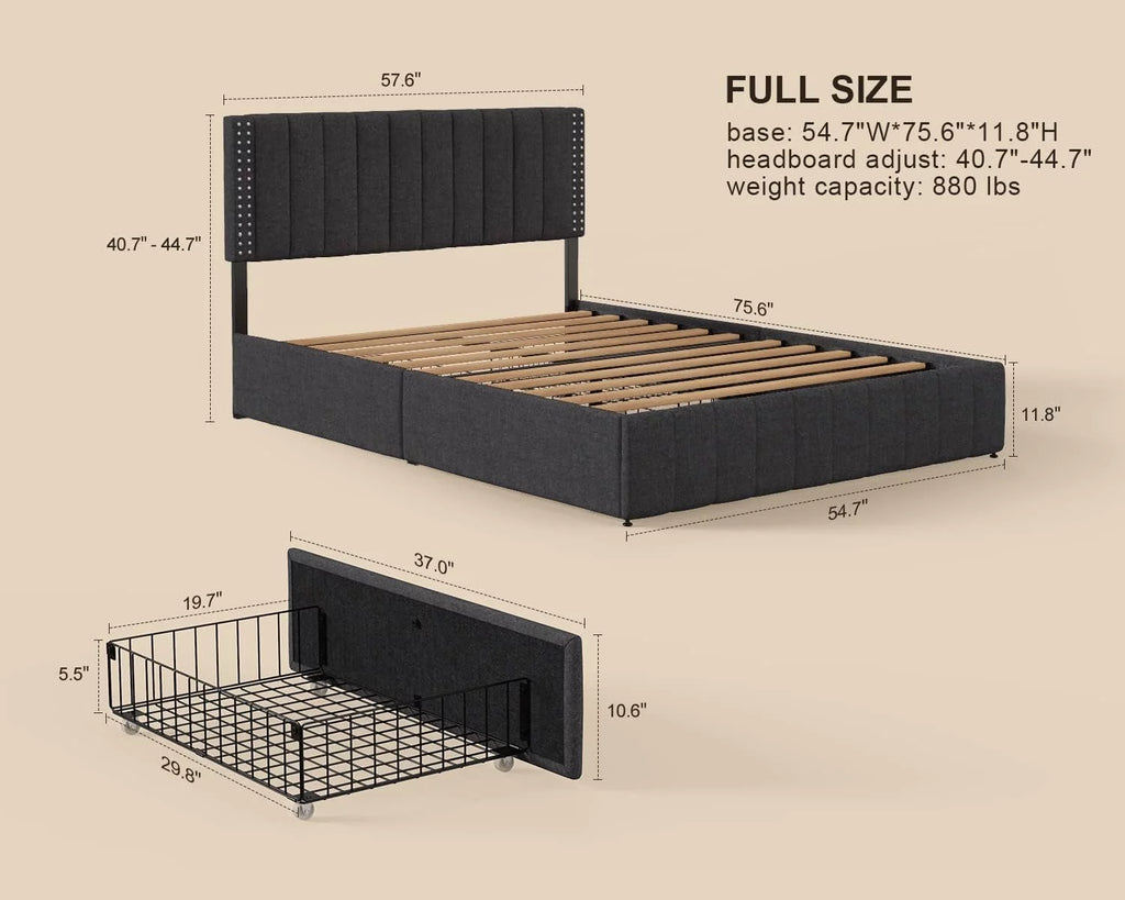 Full Bed Frame with 4 Drawers and Adjustable Headboard Dark Grey D143