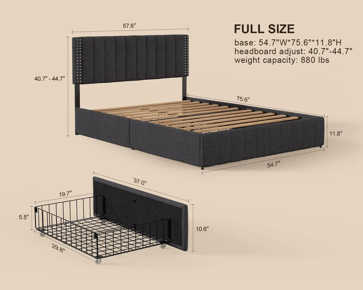 Full Bed Frame with 4 Drawers and Adjustable Headboard Dark Grey D143