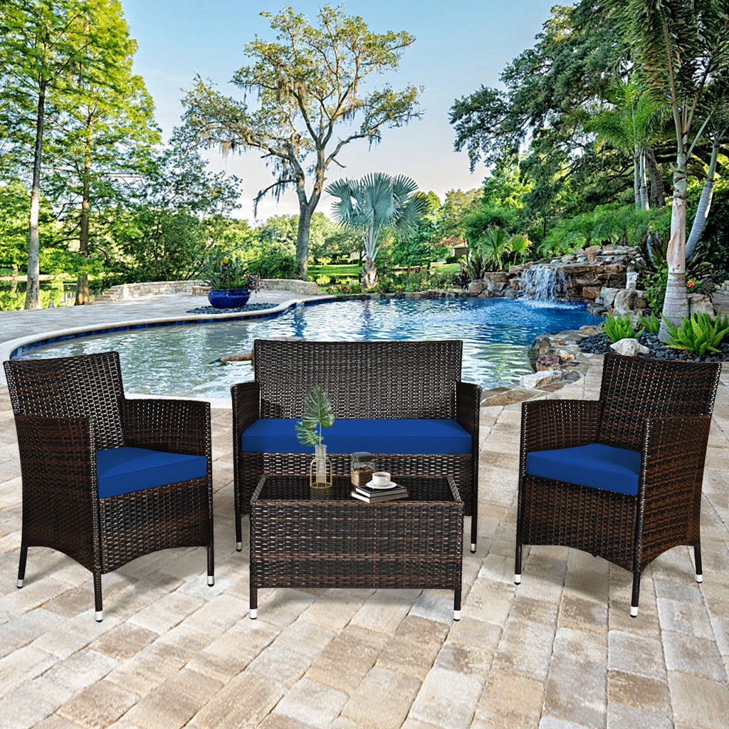 4 Pc Turquoise Cushioned Patio Rattan Conversation Furniture Set Q75417