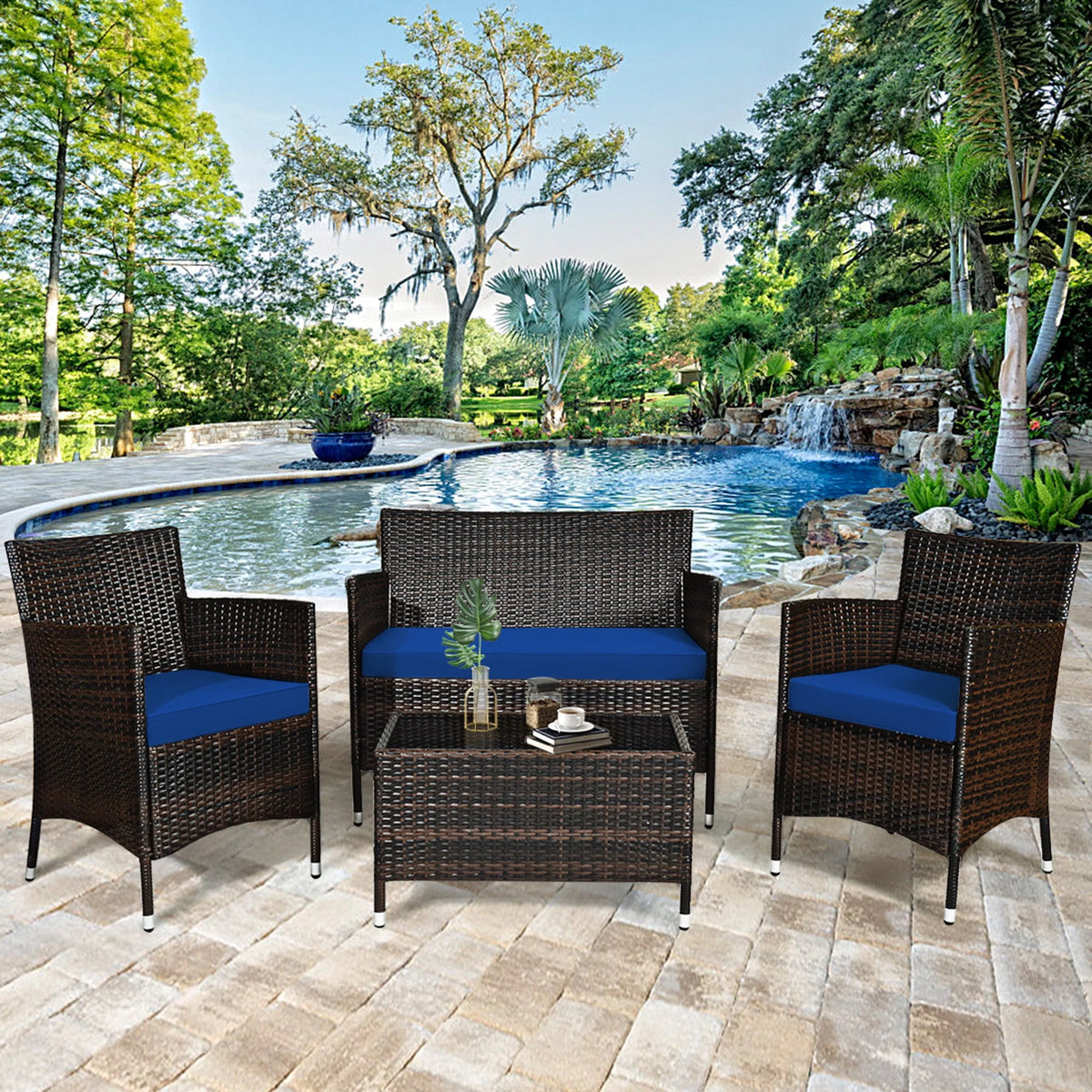 4 Pc Turquoise Cushioned Patio Rattan Conversation Furniture Set Q75417