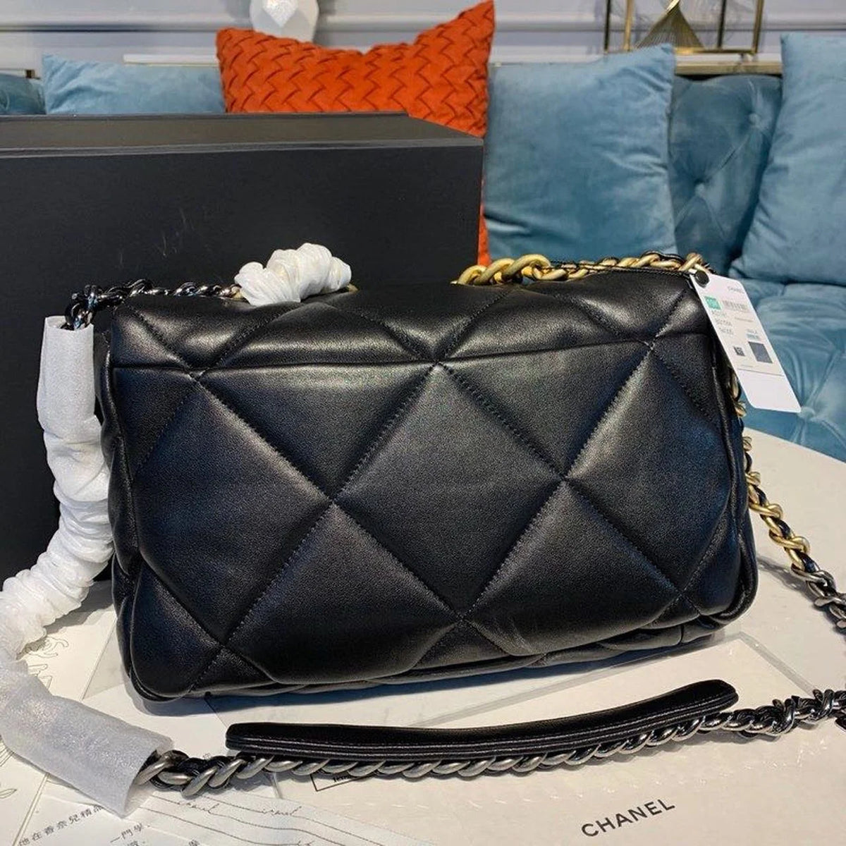 Black Goatskin Leather Flap Bag H414