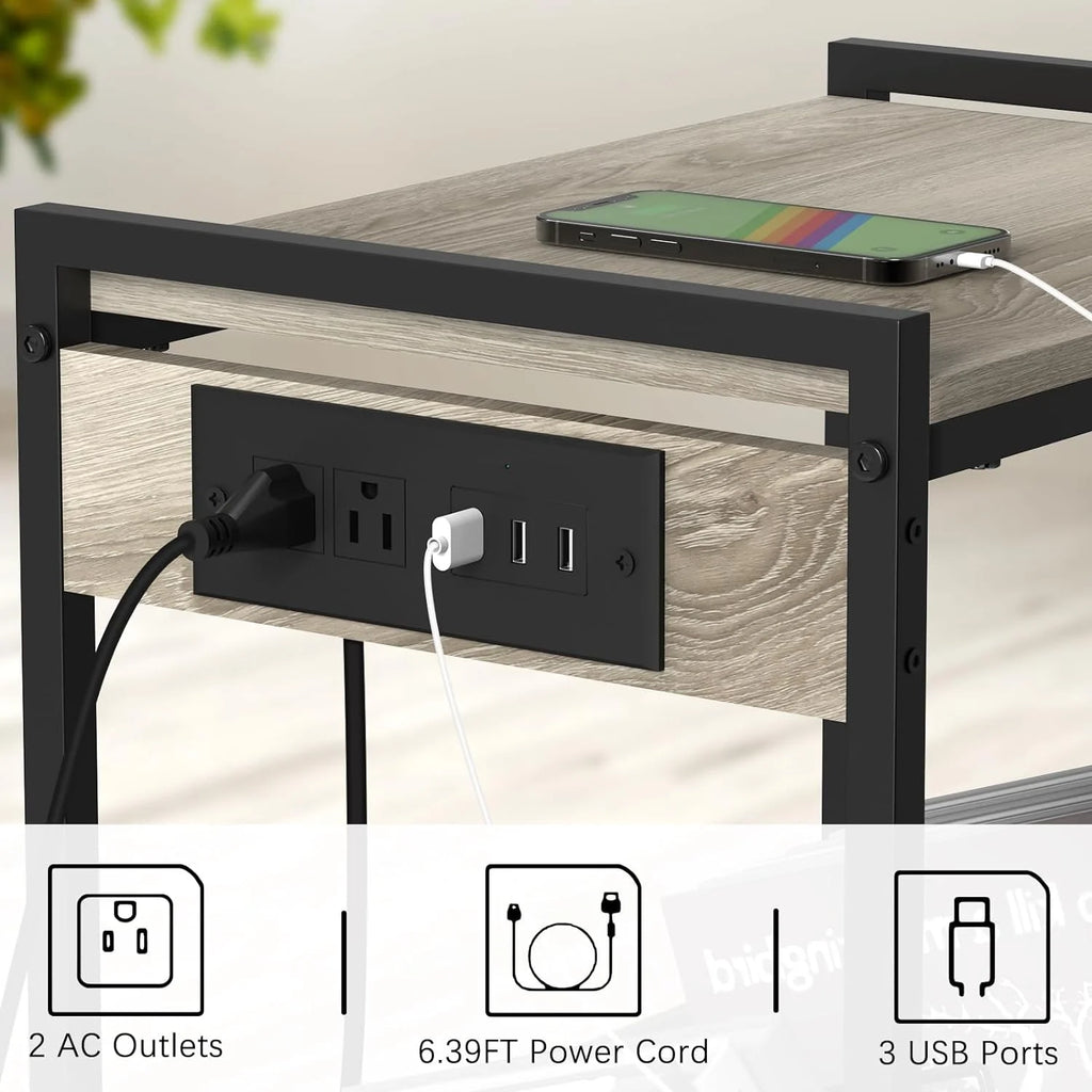 2-Tier End Table with Charging Station and Vinyl Storage Shelf C756