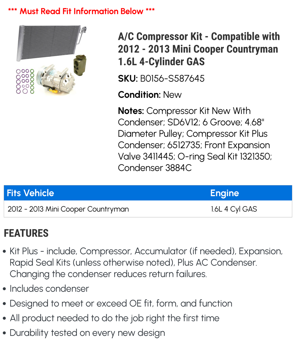 A/C Compressor Kit for 2012-2013 Mini Cooper Countryman 1.6L 4-Cylinder GAS N68267
