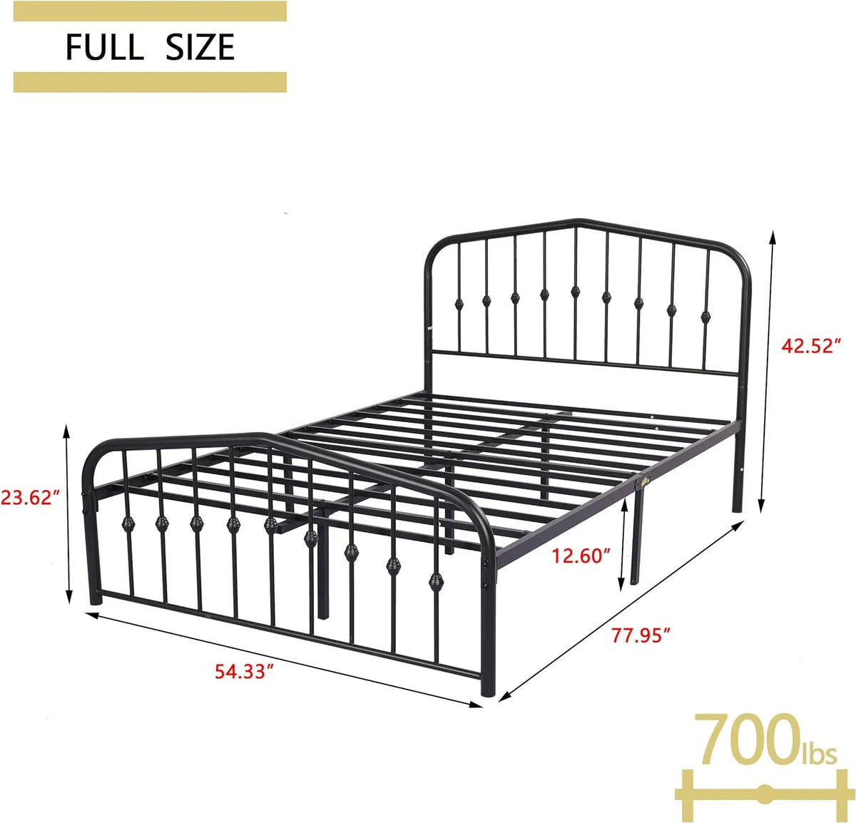 Metal Bed Frame Full Size with Vintage Headboard and Footboard Black L4899