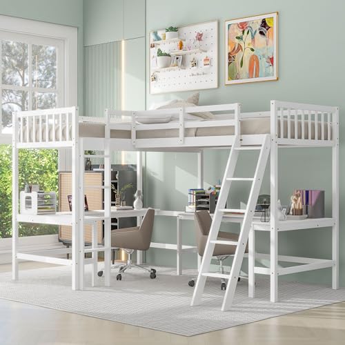 Grey Twin Size L-Shaped Loft Bed with Desk and Guardrails W700