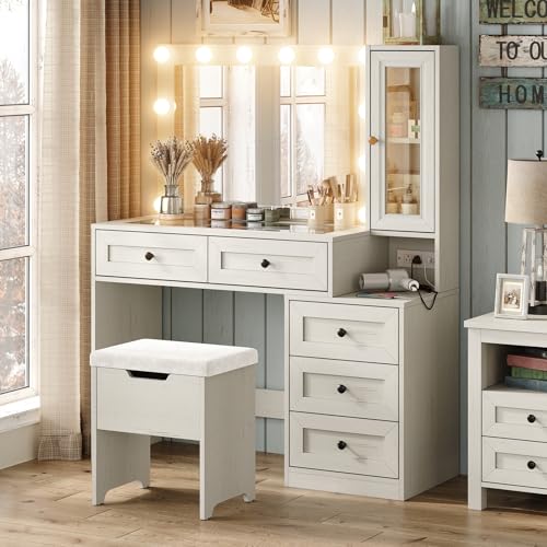 White Vanity Desk with LED Bulbs J1555