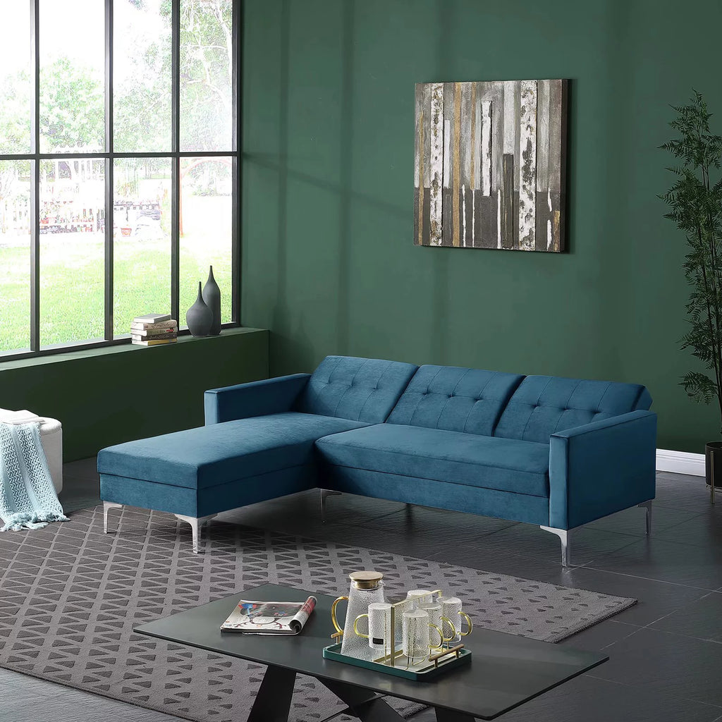 Blue Velvet Convertible Sectional Sofa J89601