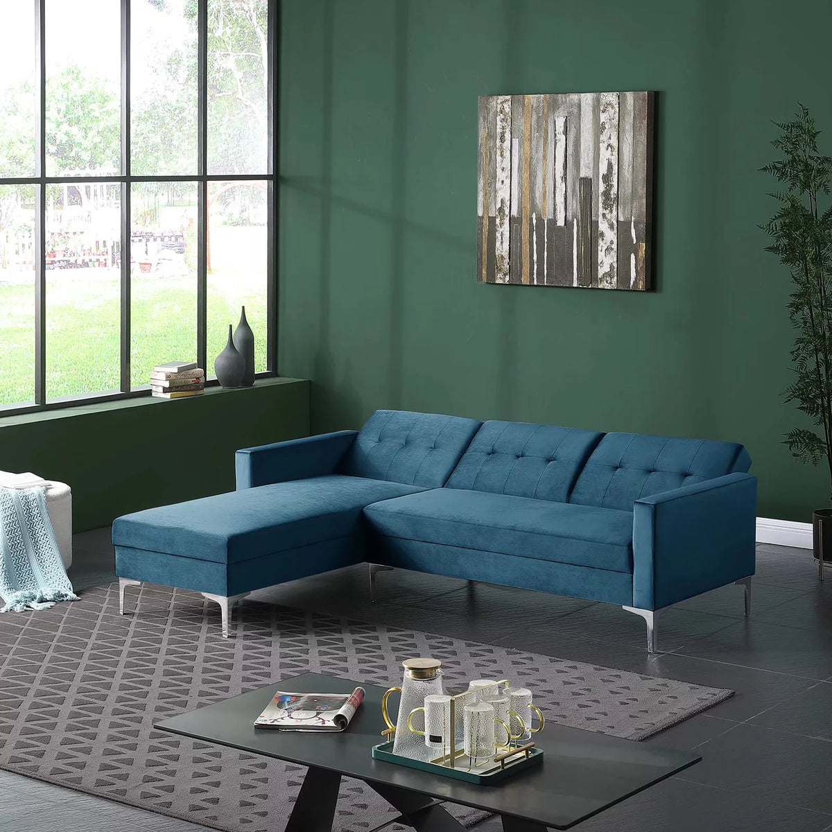 Blue Velvet Convertible Sectional Sofa J89601