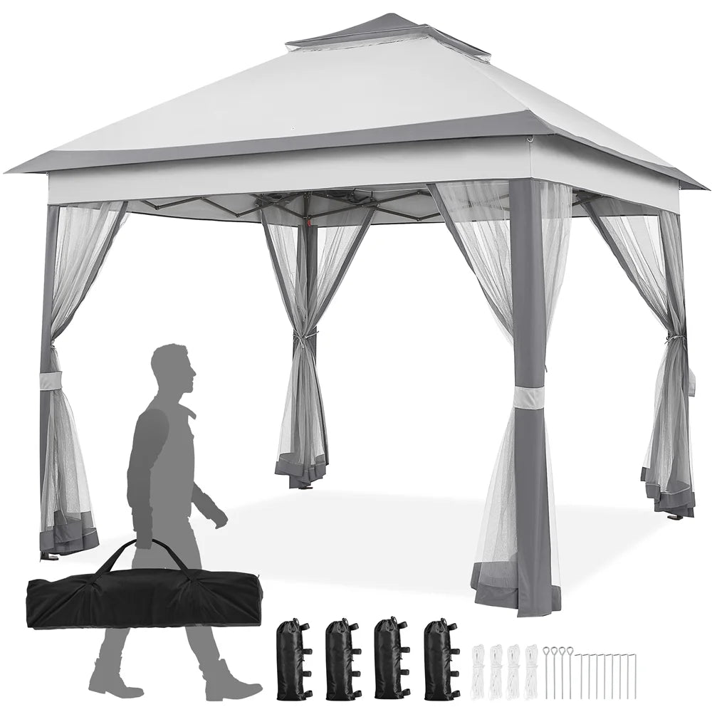 11x11 FT Pop-Up Gazebo with 4 Mesh Sidewalls, Light Gray P128910