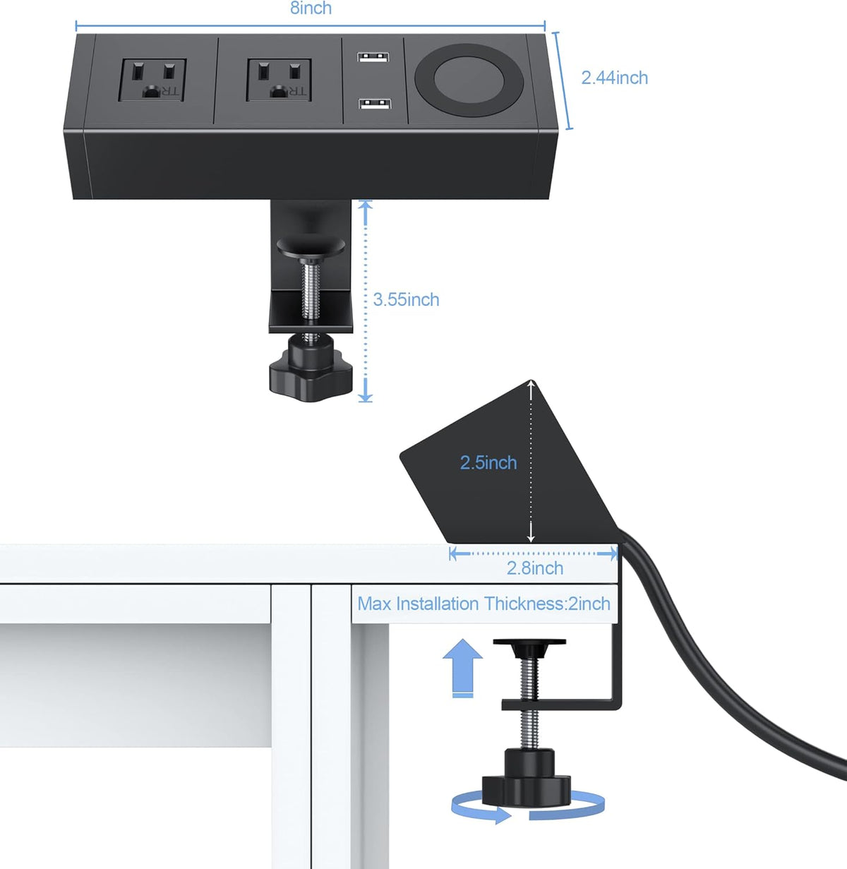 Desk Clamp Power Strip with Wireless Charger, 6ft Cable J76695