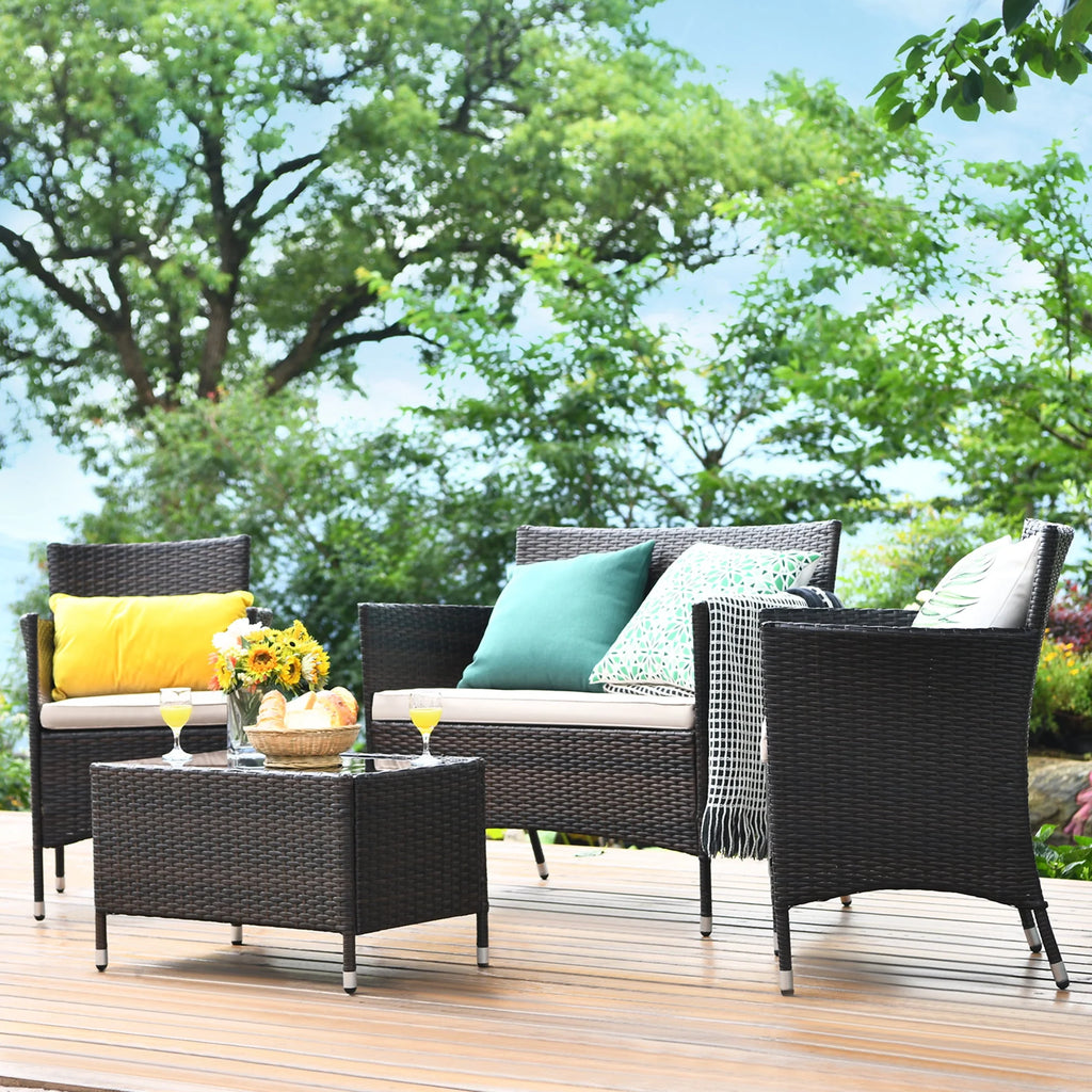 4 Pc Turquoise Cushioned Patio Rattan Conversation Furniture Set Q75417