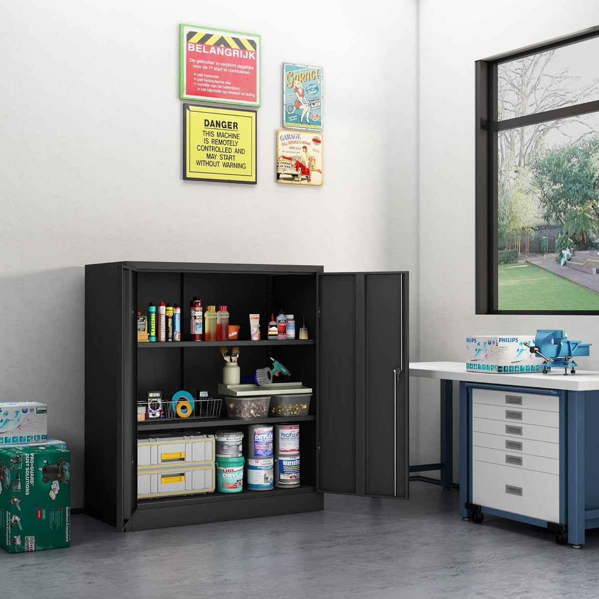 Industrial Metal Storage Cabinet with Doors, Locking Steel Cabinet with 2 Adjustable Shelves P547194