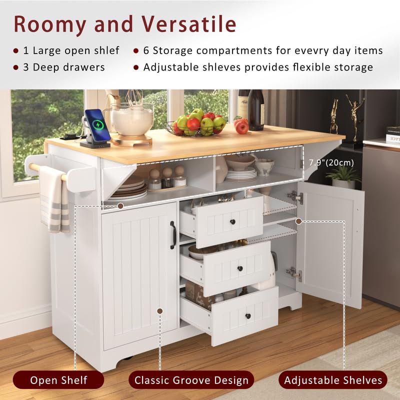 55.7'' Black Kitchen Island with Drop Leaf and 3 Drawers P9901
