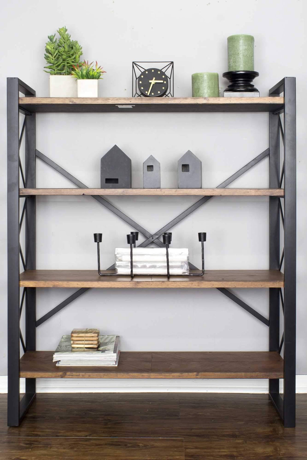 Natural Metal Wood MDF Bookcase with 4 Shelves Black K4810
