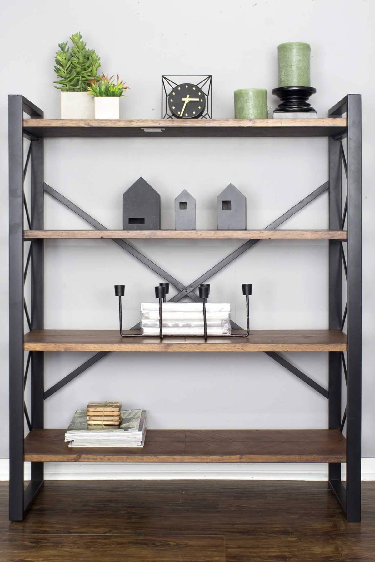 Natural Metal Wood MDF Bookcase with 4 Shelves Black K4810