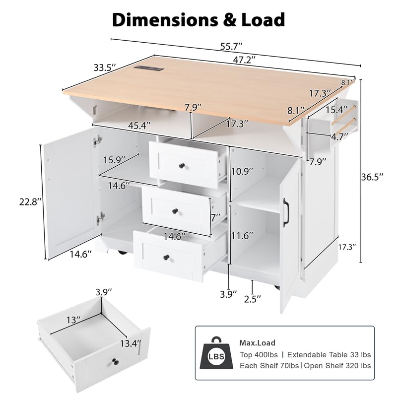 55.7'' Black Kitchen Island with Drop Leaf and 3 Drawers P9901
