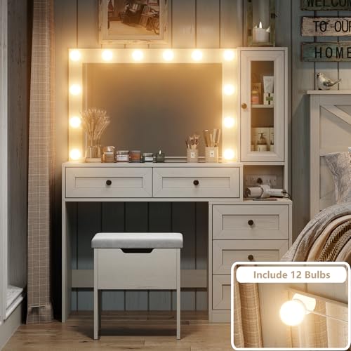 White Vanity Desk with LED Bulbs J1555