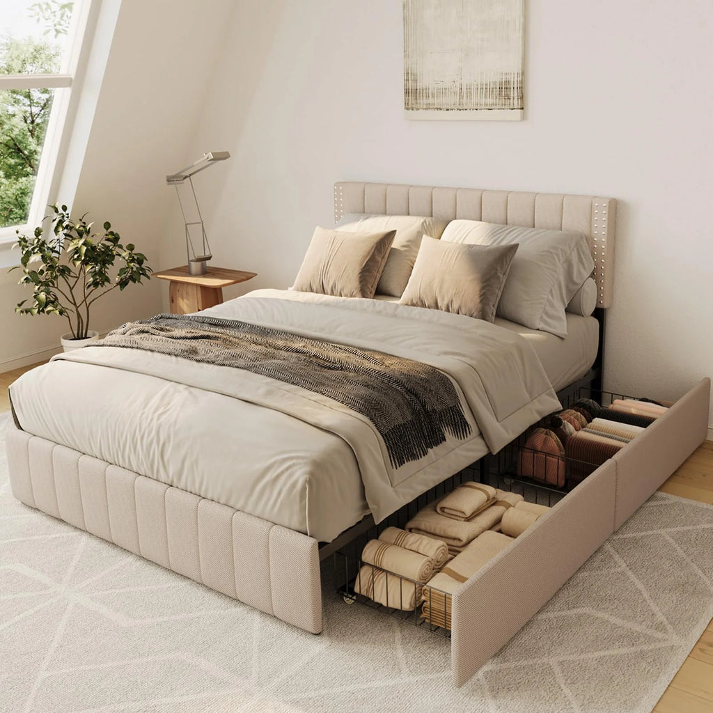 Full Bed Frame with 4 Drawers and Adjustable Headboard Dark Grey D143