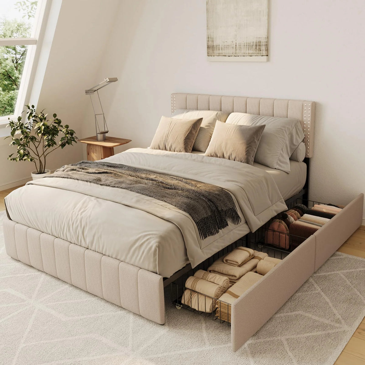Full Bed Frame with 4 Drawers and Adjustable Headboard Dark Grey D143
