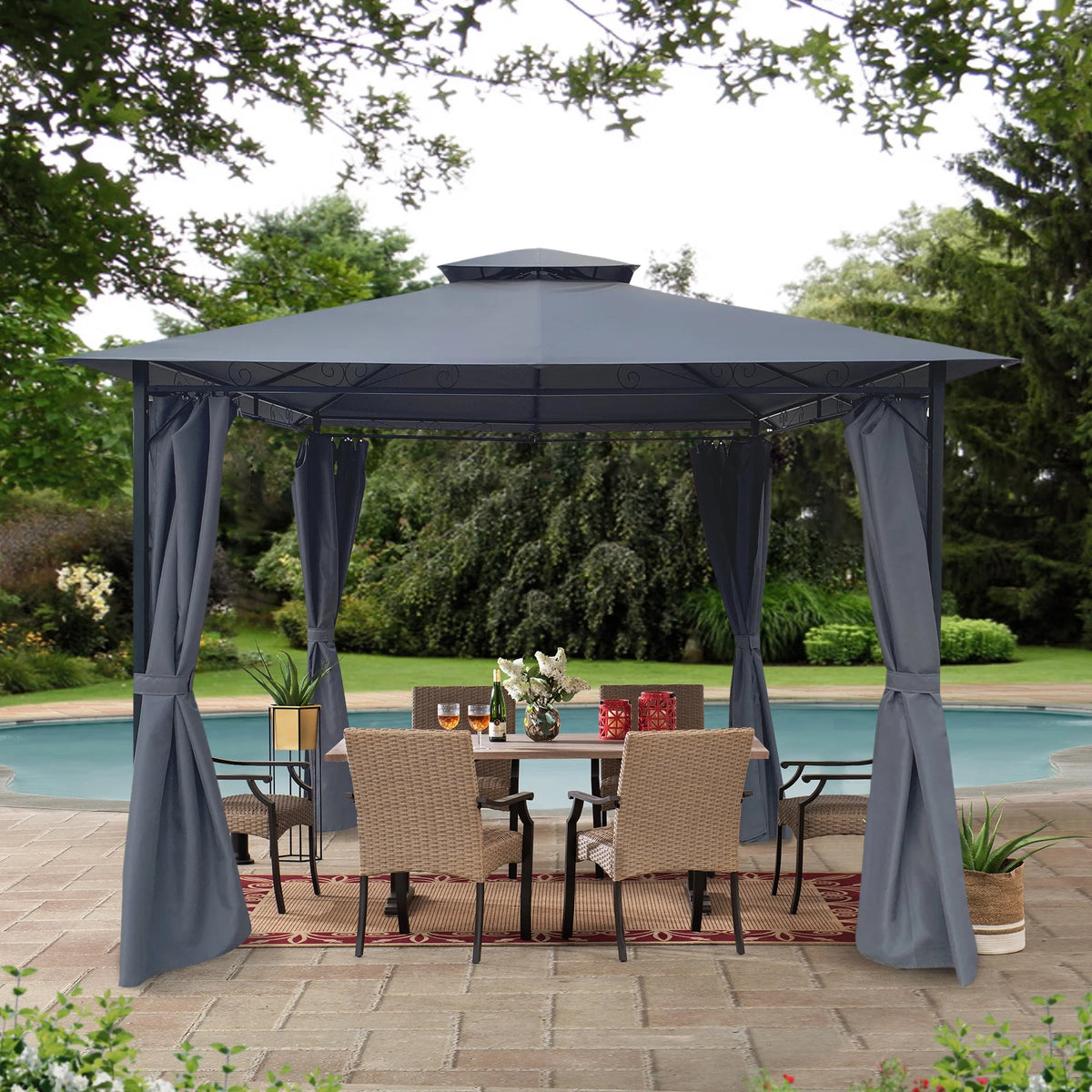 Gray Gazebo Canopy With Curtains Q7797