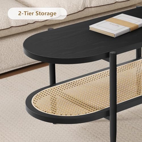 Black Set of 2 Round 2-Tier Side Table with Rattan Storage I90181