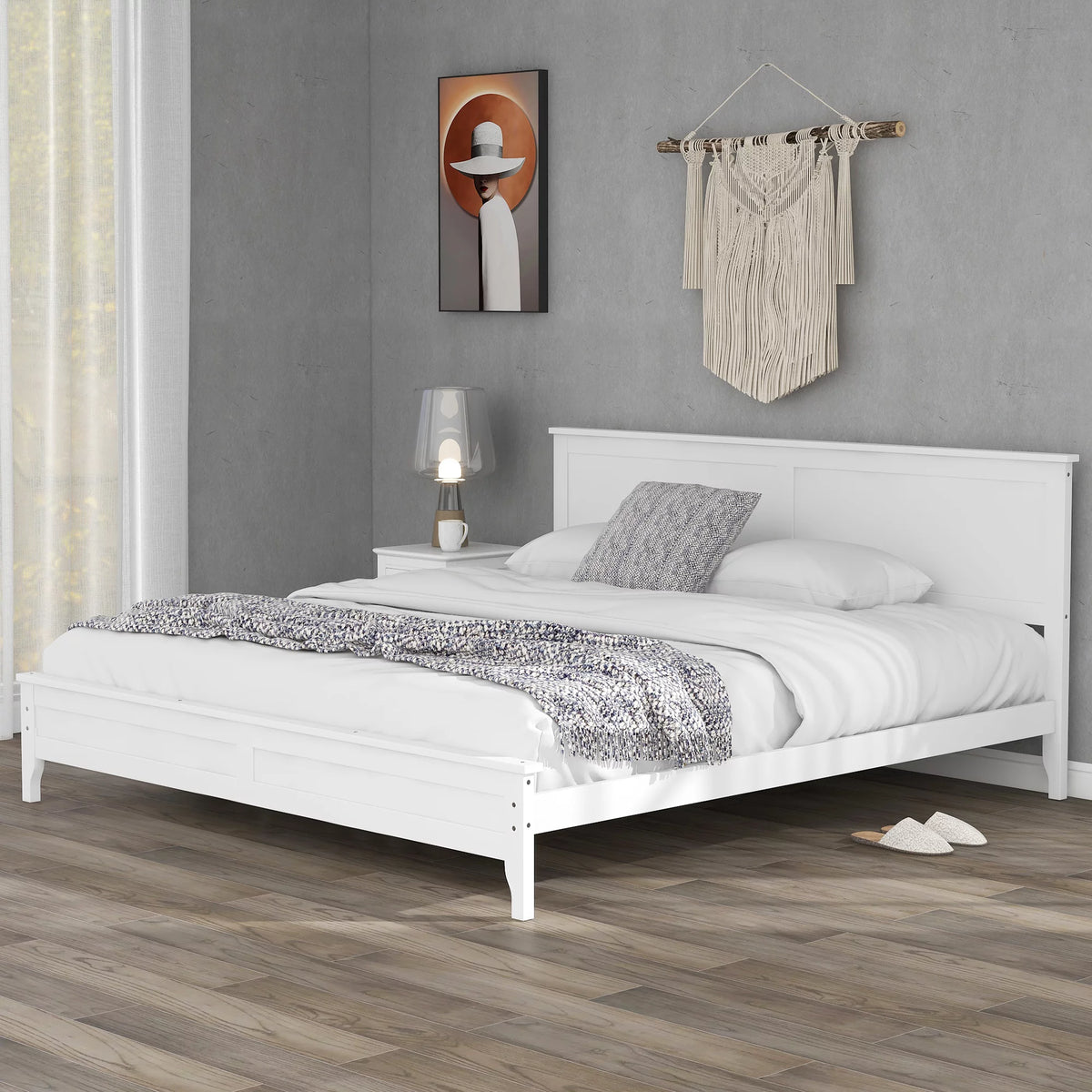 White Solid Wood King Platform Bed K77255