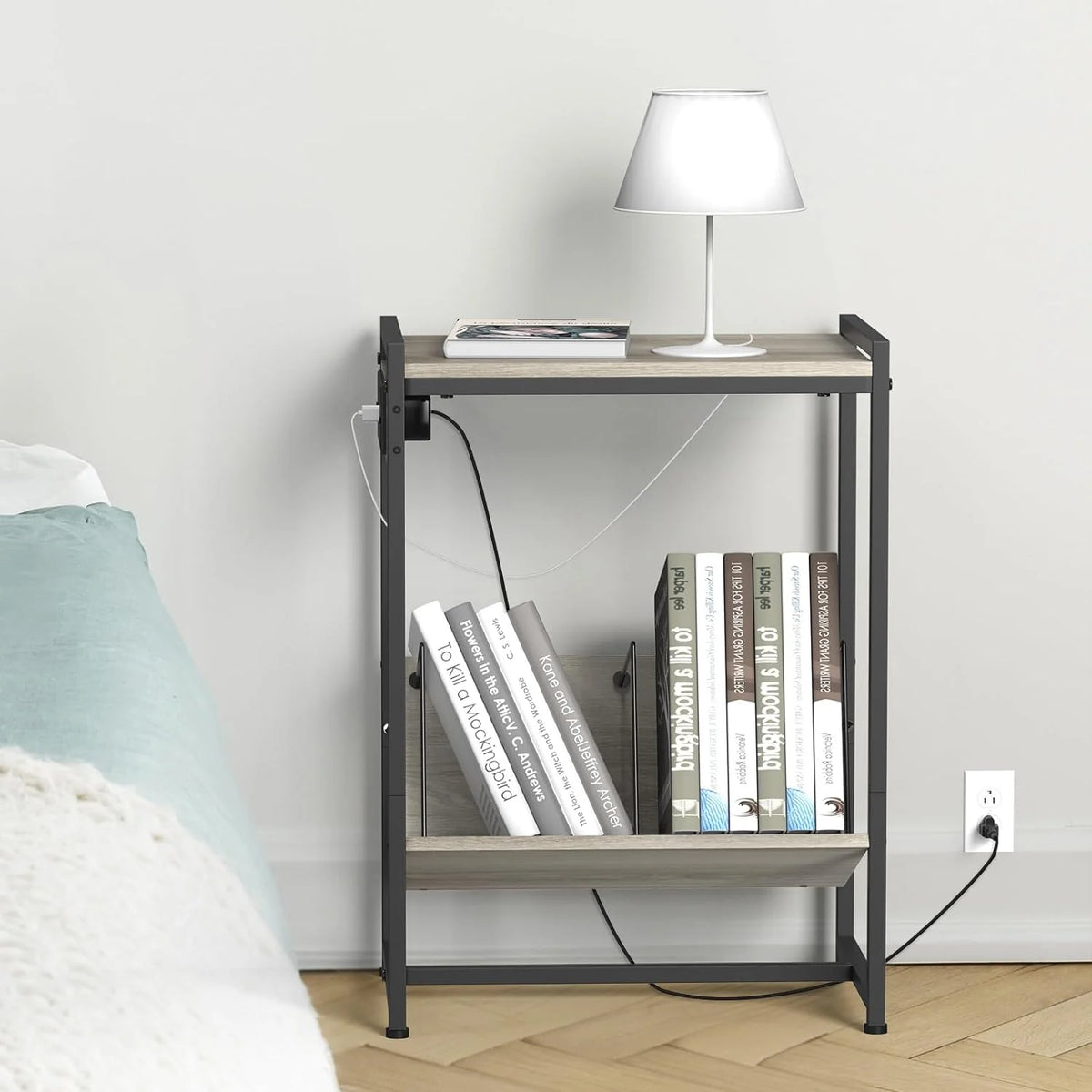 2-Tier End Table with Charging Station and Vinyl Storage Shelf C756