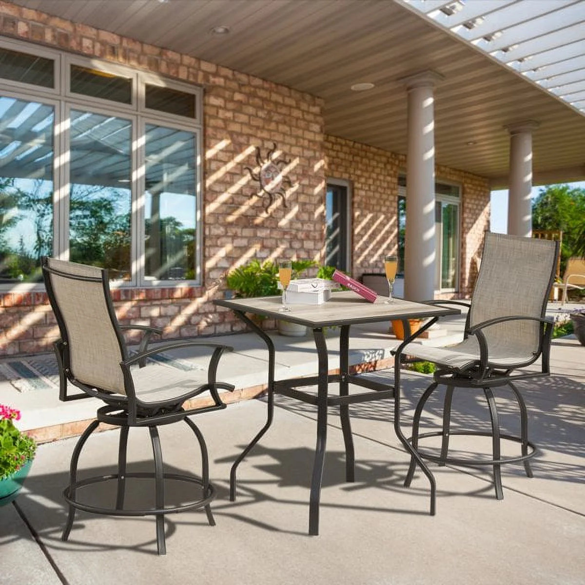 3 Piece Swivel Bar Stools and Table Patio Bistro Set E74928