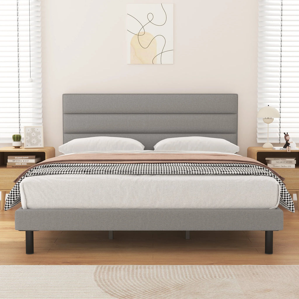 King Size Platform Bed with Wingback Fabric Upholstered Headboard Y76739