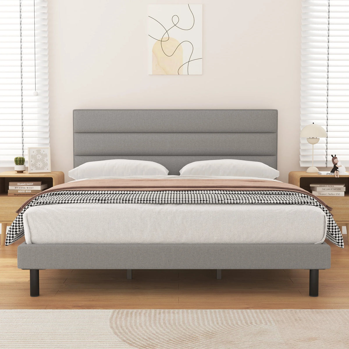 King Size Platform Bed with Wingback Fabric Upholstered Headboard Y76739