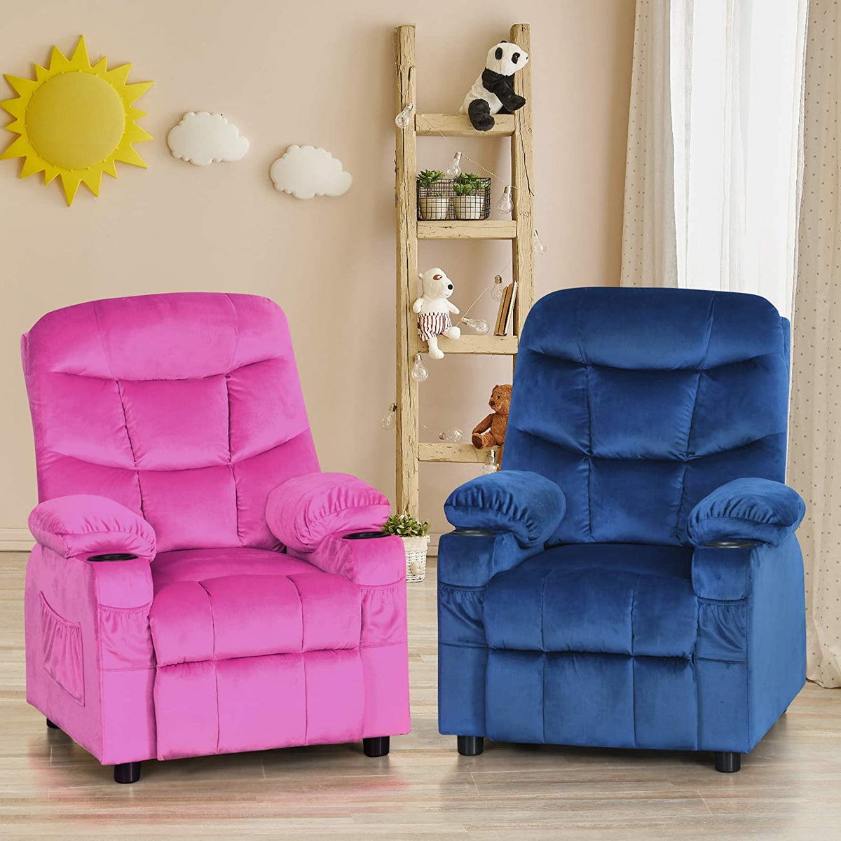 Kids Recliner Chair with Cup Holder Adjustable Velvet Lounge Chair w/Footrest & Side Pockets Ergonomic Toddler Furniture Sofa G45258