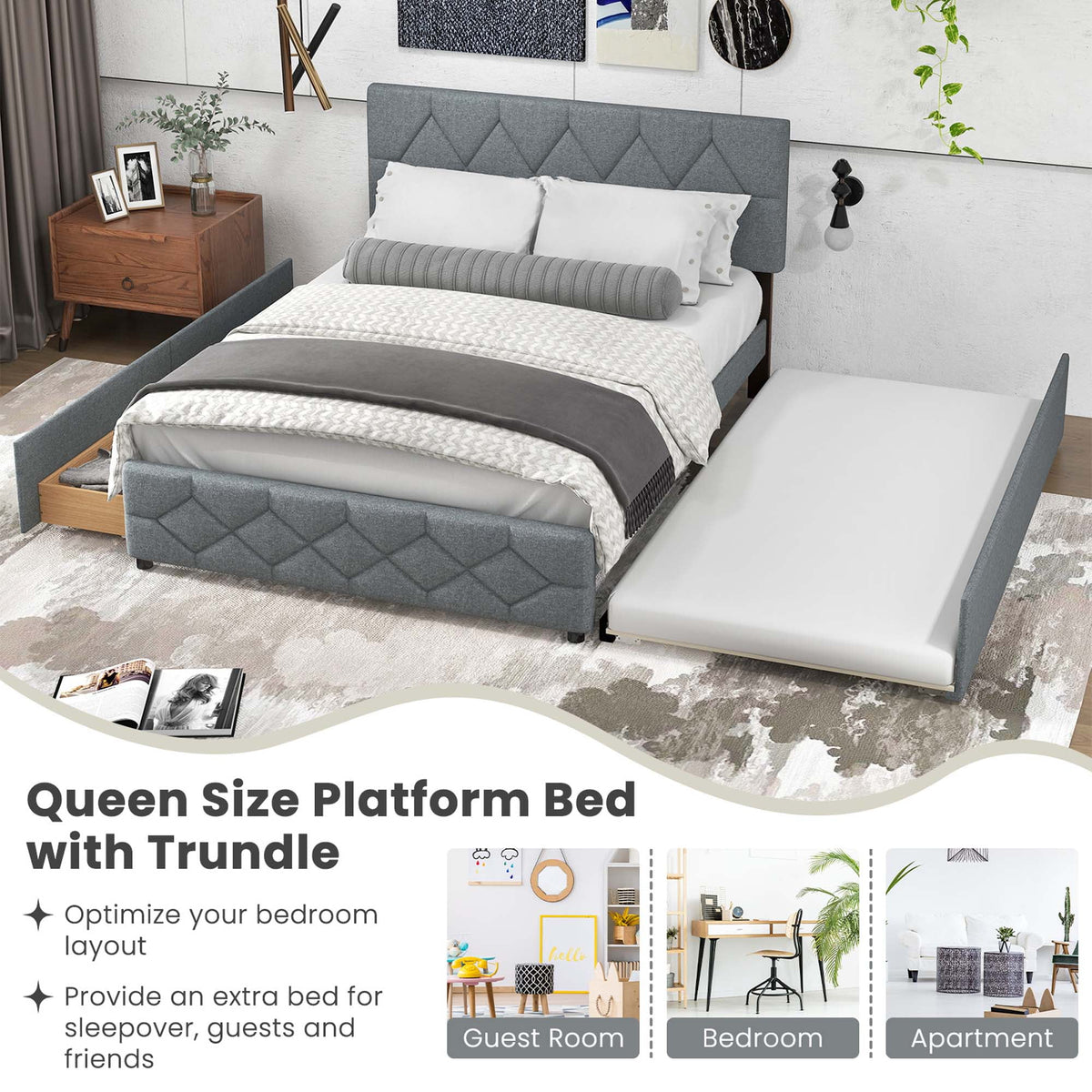Queen Upholstered Platform Bed with Twin XL Trundle and 2 Drawers X5086