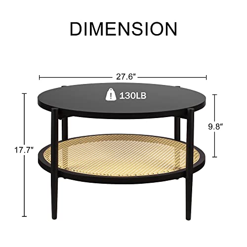 Black Set of 2 Round 2-Tier Side Table with Rattan Storage I90181