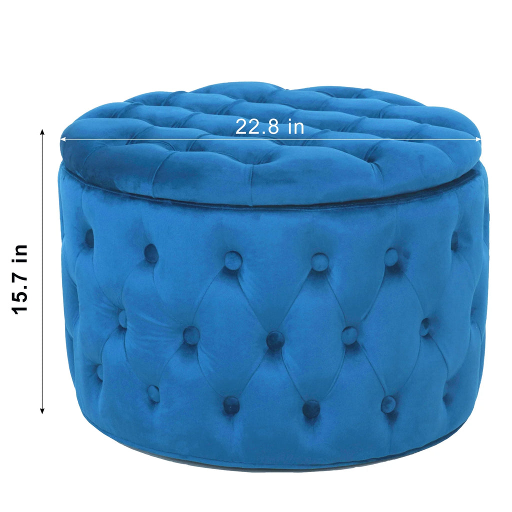 Blue Velvet Round Storage Ottoman E615